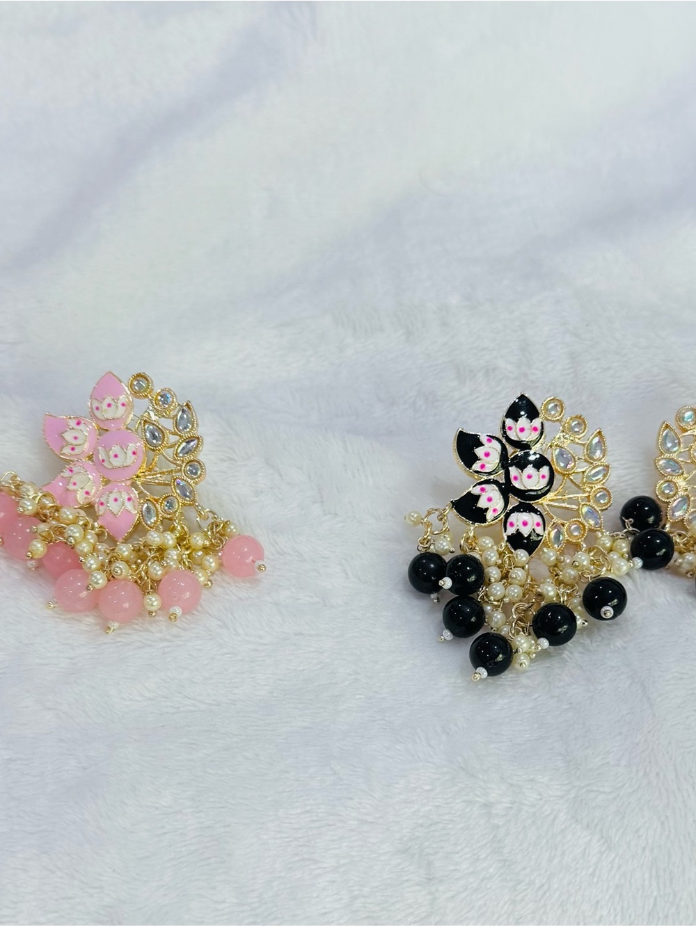 Gold-Tone Floral Drop Earrings with Pink and Black Beads